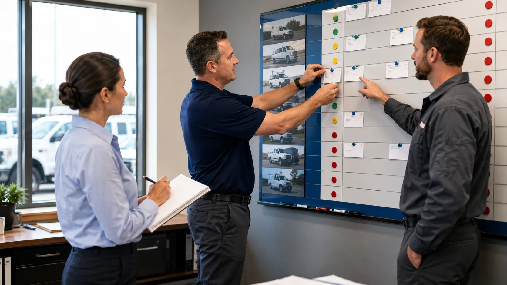 Fleet team discussing a cost per mile report without reaching a decision